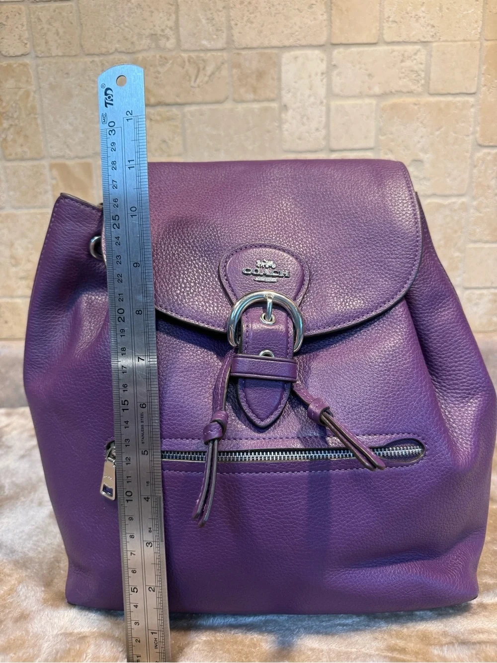 Coach Purple Pebbled Leather Drawstring Backpack with Front Zip Pocket
